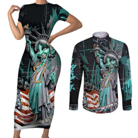 Street Art Liberty Couples Matching Short Sleeve Bodycon Dress and Long Sleeve Button Shirt with Graffiti Print and Cartoon Statue of Liberty - Wonder Print Shop