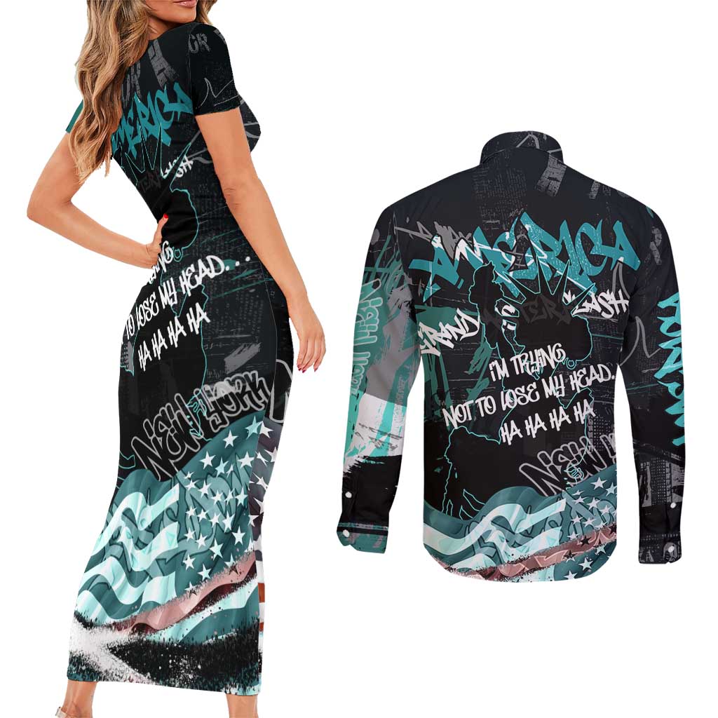 Street Art Liberty Couples Matching Short Sleeve Bodycon Dress and Long Sleeve Button Shirt with Graffiti Print and Cartoon Statue of Liberty - Wonder Print Shop