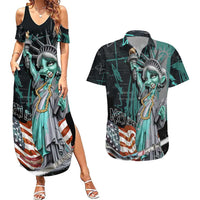 Street Art Liberty Couples Matching Summer Maxi Dress and Hawaiian Shirt with Graffiti Print and Cartoon Statue of Liberty - Wonder Print Shop