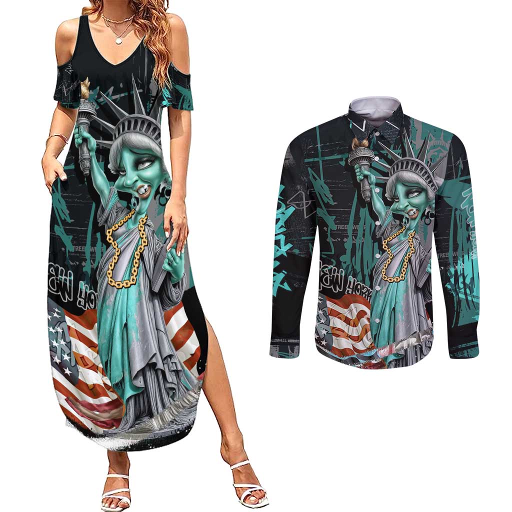 Street Art Liberty Couples Matching Summer Maxi Dress and Long Sleeve Button Shirt with Graffiti Print and Cartoon Statue of Liberty - Wonder Print Shop