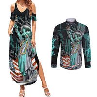 Street Art Liberty Couples Matching Summer Maxi Dress and Long Sleeve Button Shirt with Graffiti Print and Cartoon Statue of Liberty - Wonder Print Shop