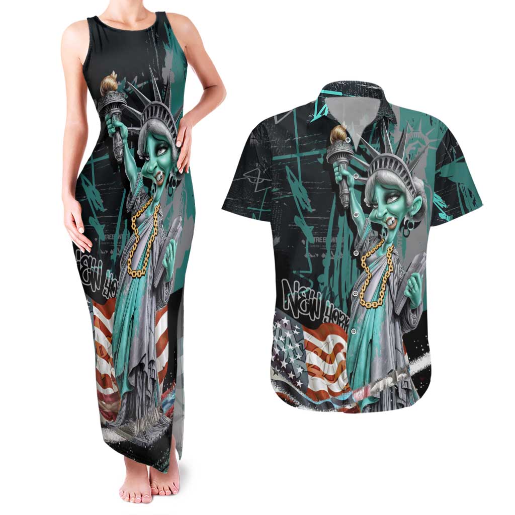 Street Art Liberty Couples Matching Tank Maxi Dress and Hawaiian Shirt with Graffiti Print and Cartoon Statue of Liberty - Wonder Print Shop