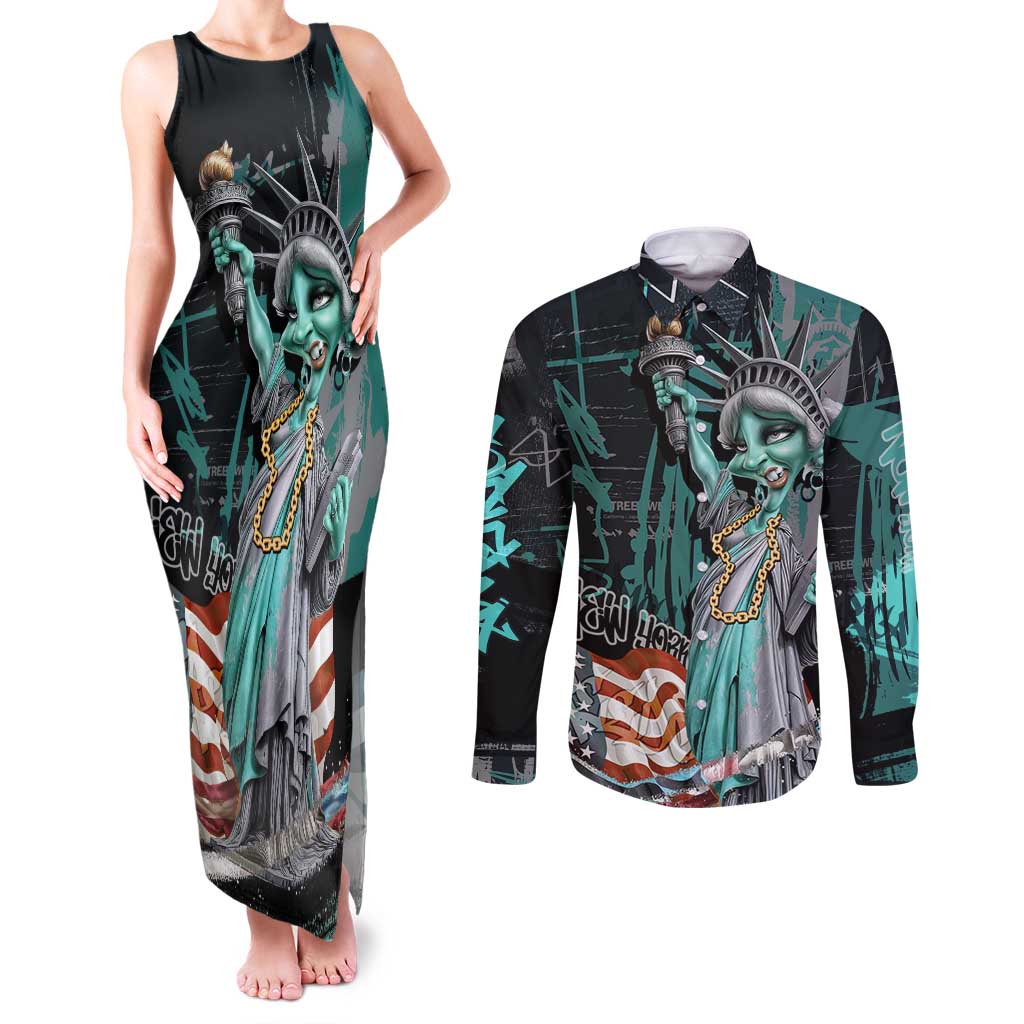 Street Art Liberty Couples Matching Tank Maxi Dress and Long Sleeve Button Shirt with Graffiti Print and Cartoon Statue of Liberty - Wonder Print Shop
