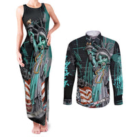 Street Art Liberty Couples Matching Tank Maxi Dress and Long Sleeve Button Shirt with Graffiti Print and Cartoon Statue of Liberty - Wonder Print Shop