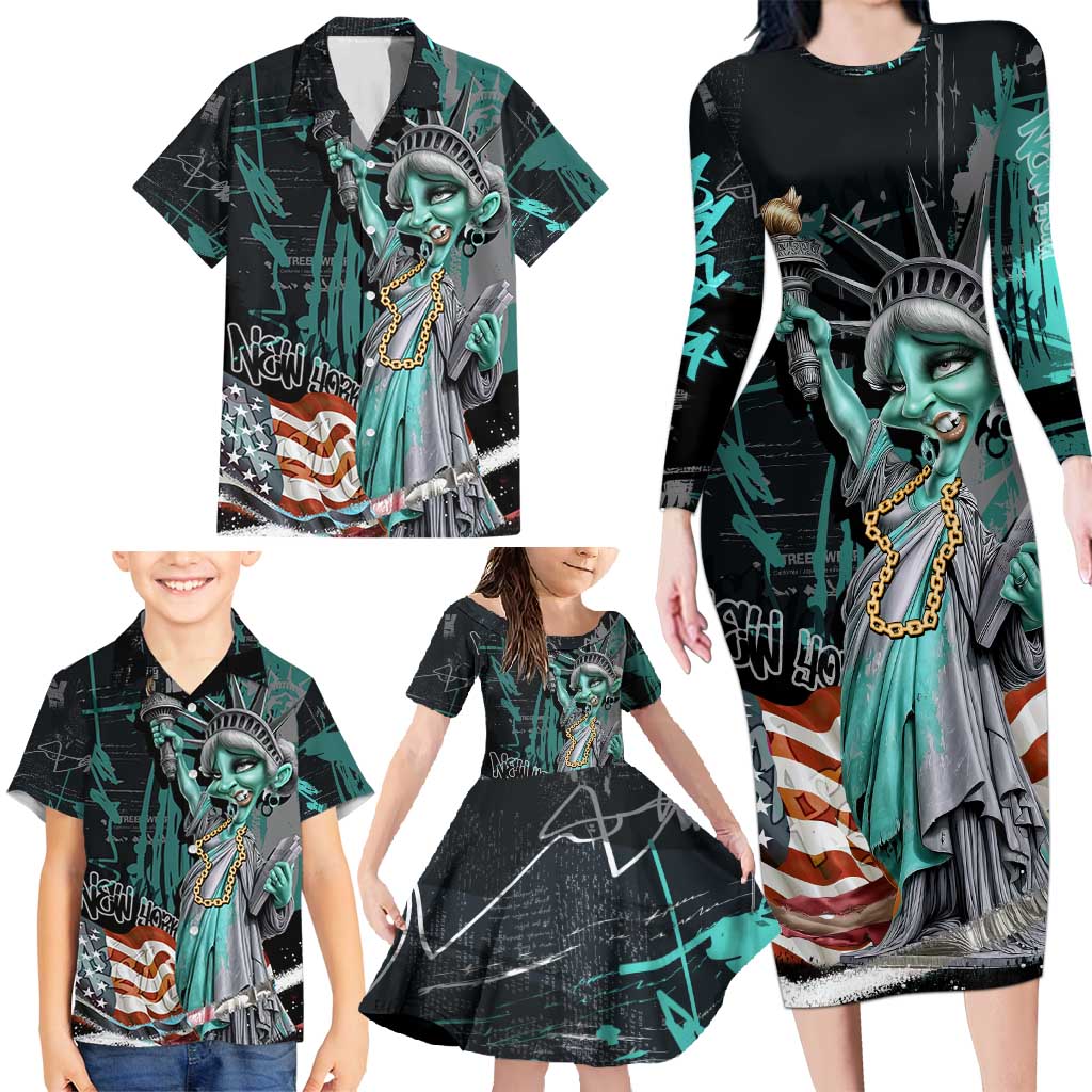 Street Art Liberty Family Matching Long Sleeve Bodycon Dress and Hawaiian Shirt with Graffiti Print and Cartoon Statue of Liberty - Wonder Print Shop