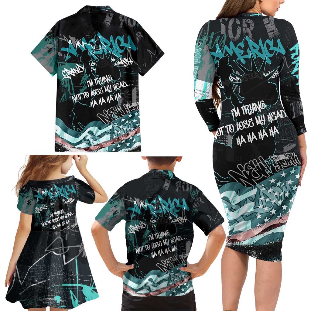 Street Art Liberty Family Matching Long Sleeve Bodycon Dress and Hawaiian Shirt with Graffiti Print and Cartoon Statue of Liberty - Wonder Print Shop