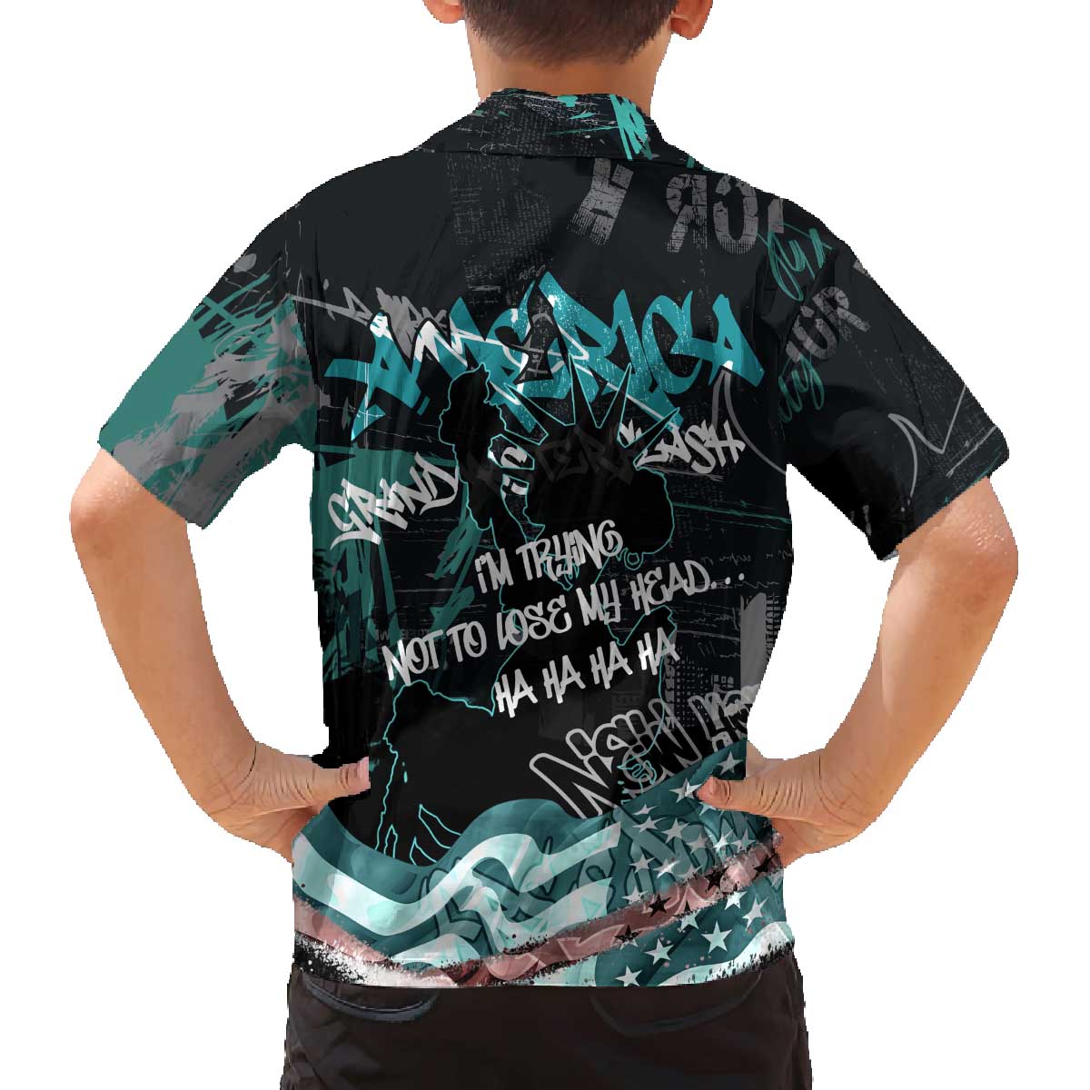 Street Art Liberty Family Matching Off The Shoulder Long Sleeve Dress and Hawaiian Shirt with Graffiti Print and Cartoon Statue of Liberty - Wonder Print Shop