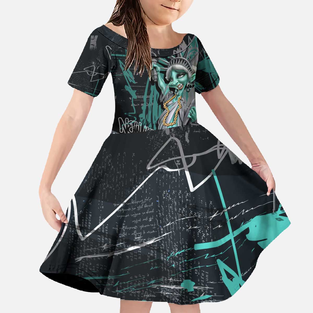 Street Art Liberty Family Matching Off The Shoulder Long Sleeve Dress and Hawaiian Shirt with Graffiti Print and Cartoon Statue of Liberty - Wonder Print Shop