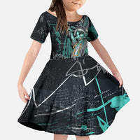 Street Art Liberty Family Matching Off The Shoulder Long Sleeve Dress and Hawaiian Shirt with Graffiti Print and Cartoon Statue of Liberty - Wonder Print Shop