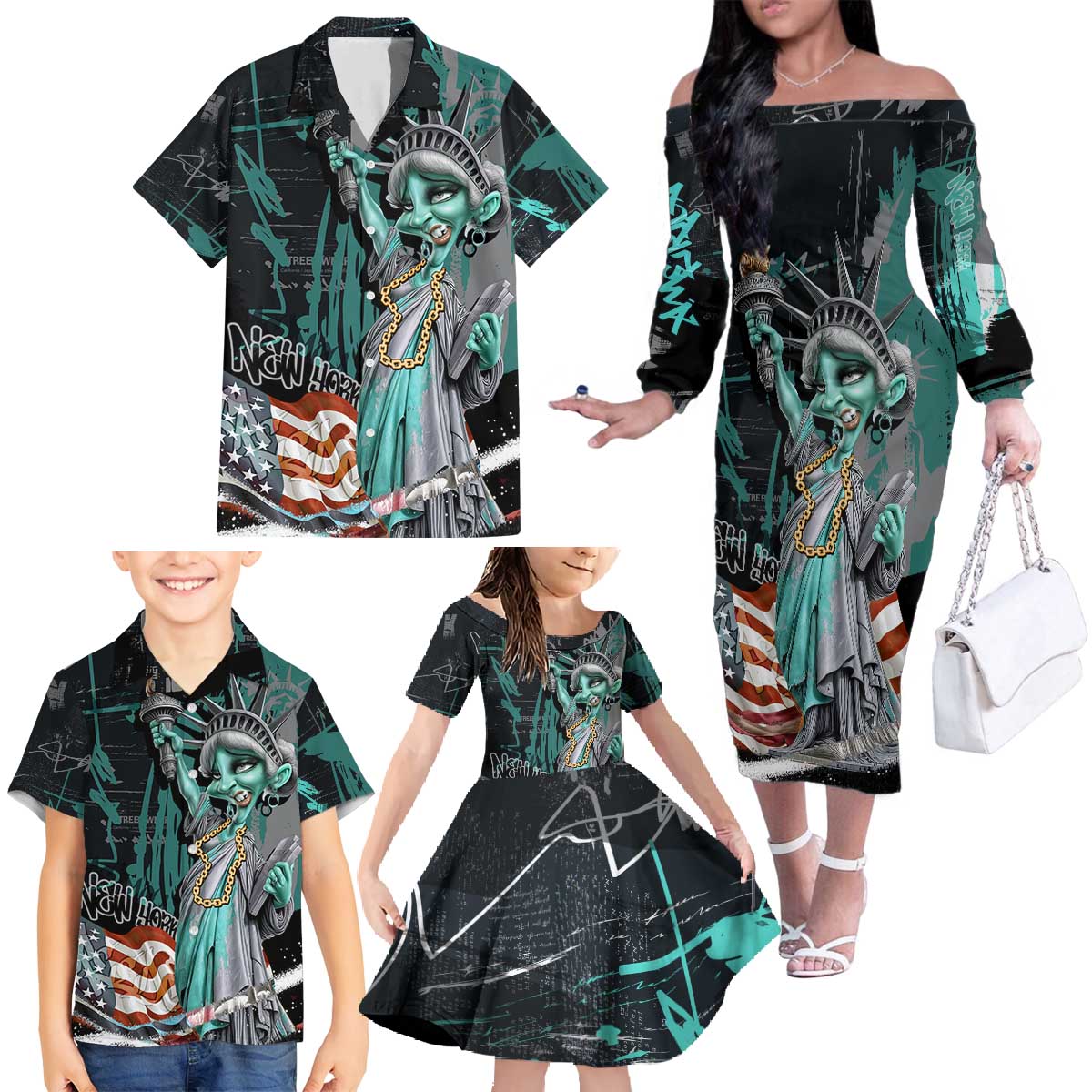 Street Art Liberty Family Matching Off The Shoulder Long Sleeve Dress and Hawaiian Shirt with Graffiti Print and Cartoon Statue of Liberty - Wonder Print Shop