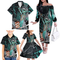 Street Art Liberty Family Matching Off The Shoulder Long Sleeve Dress and Hawaiian Shirt with Graffiti Print and Cartoon Statue of Liberty - Wonder Print Shop