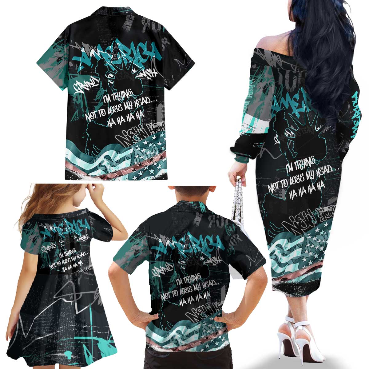 Street Art Liberty Family Matching Off The Shoulder Long Sleeve Dress and Hawaiian Shirt with Graffiti Print and Cartoon Statue of Liberty - Wonder Print Shop