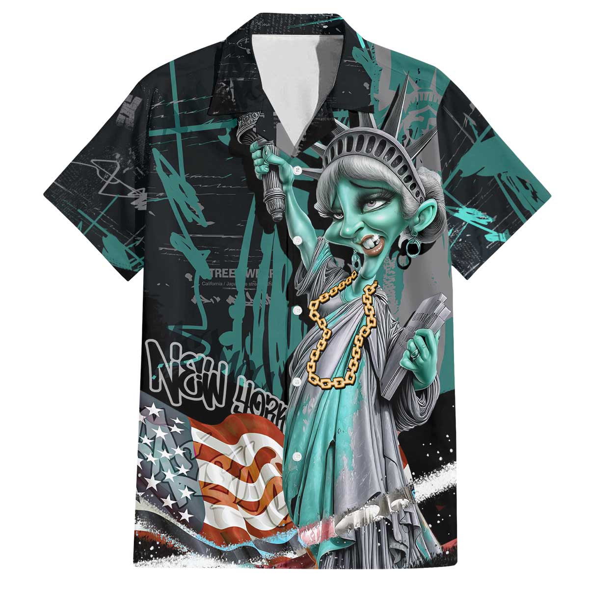 Street Art Liberty Family Matching Off The Shoulder Long Sleeve Dress and Hawaiian Shirt with Graffiti Print and Cartoon Statue of Liberty - Wonder Print Shop