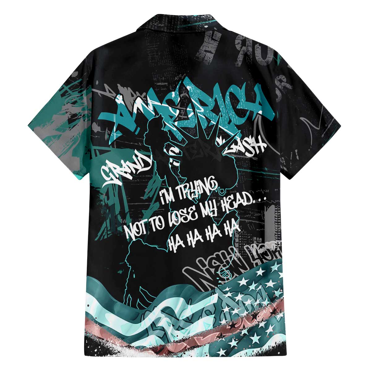 Street Art Liberty Family Matching Off The Shoulder Long Sleeve Dress and Hawaiian Shirt with Graffiti Print and Cartoon Statue of Liberty - Wonder Print Shop