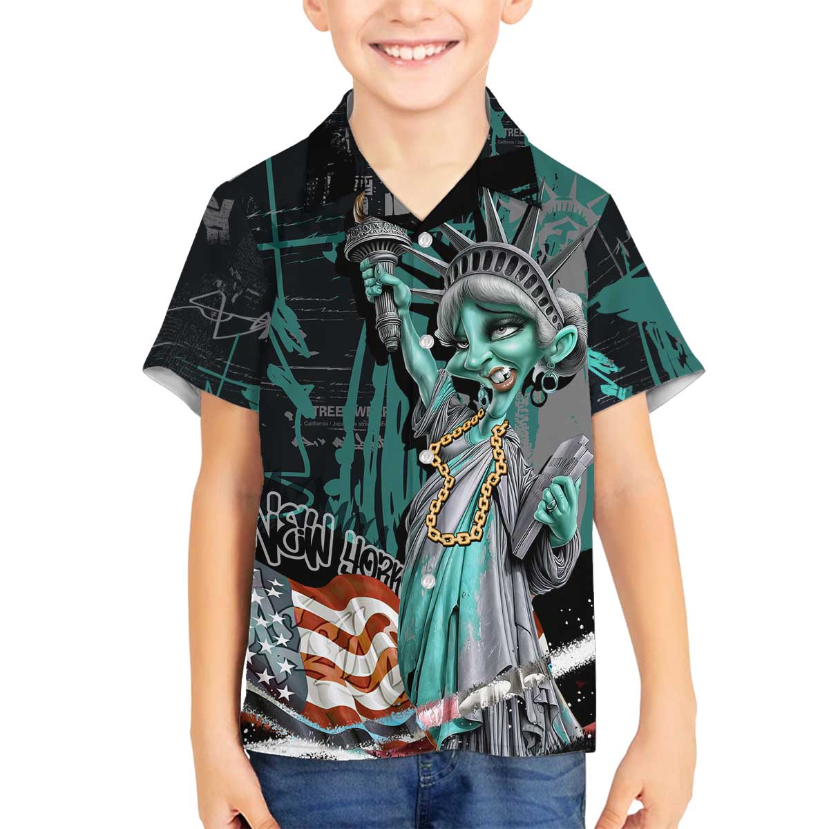 Street Art Liberty Family Matching Off The Shoulder Long Sleeve Dress and Hawaiian Shirt with Graffiti Print and Cartoon Statue of Liberty - Wonder Print Shop