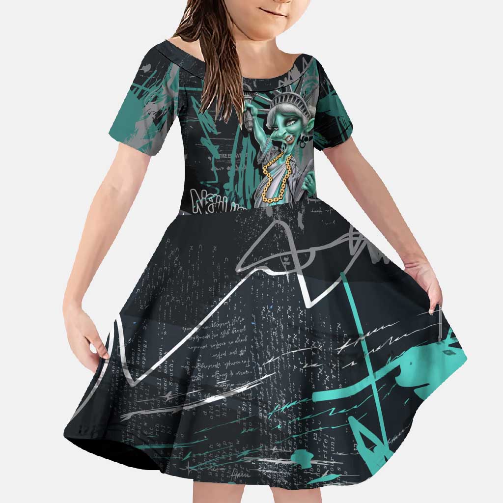 Street Art Liberty Family Matching Off Shoulder Maxi Dress and Hawaiian Shirt with Graffiti Print and Cartoon Statue of Liberty - Wonder Print Shop