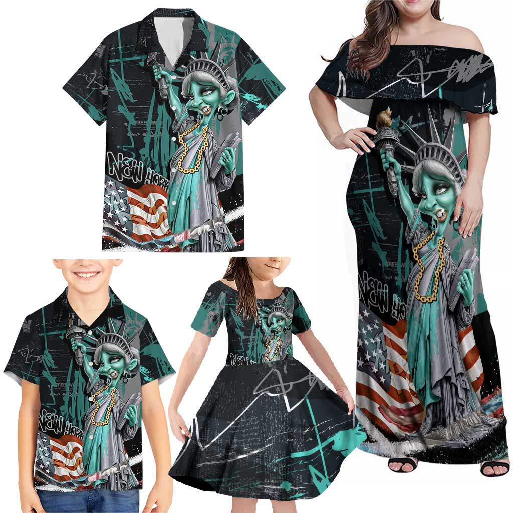 Street Art Liberty Family Matching Off Shoulder Maxi Dress and Hawaiian Shirt with Graffiti Print and Cartoon Statue of Liberty - Wonder Print Shop
