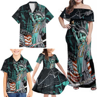 Street Art Liberty Family Matching Off Shoulder Maxi Dress and Hawaiian Shirt with Graffiti Print and Cartoon Statue of Liberty - Wonder Print Shop