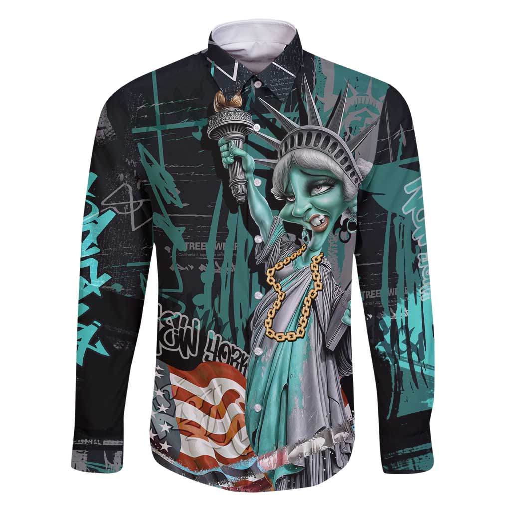 Street Art Liberty Family Matching Off Shoulder Maxi Dress and Hawaiian Shirt with Graffiti Print and Cartoon Statue of Liberty - Wonder Print Shop