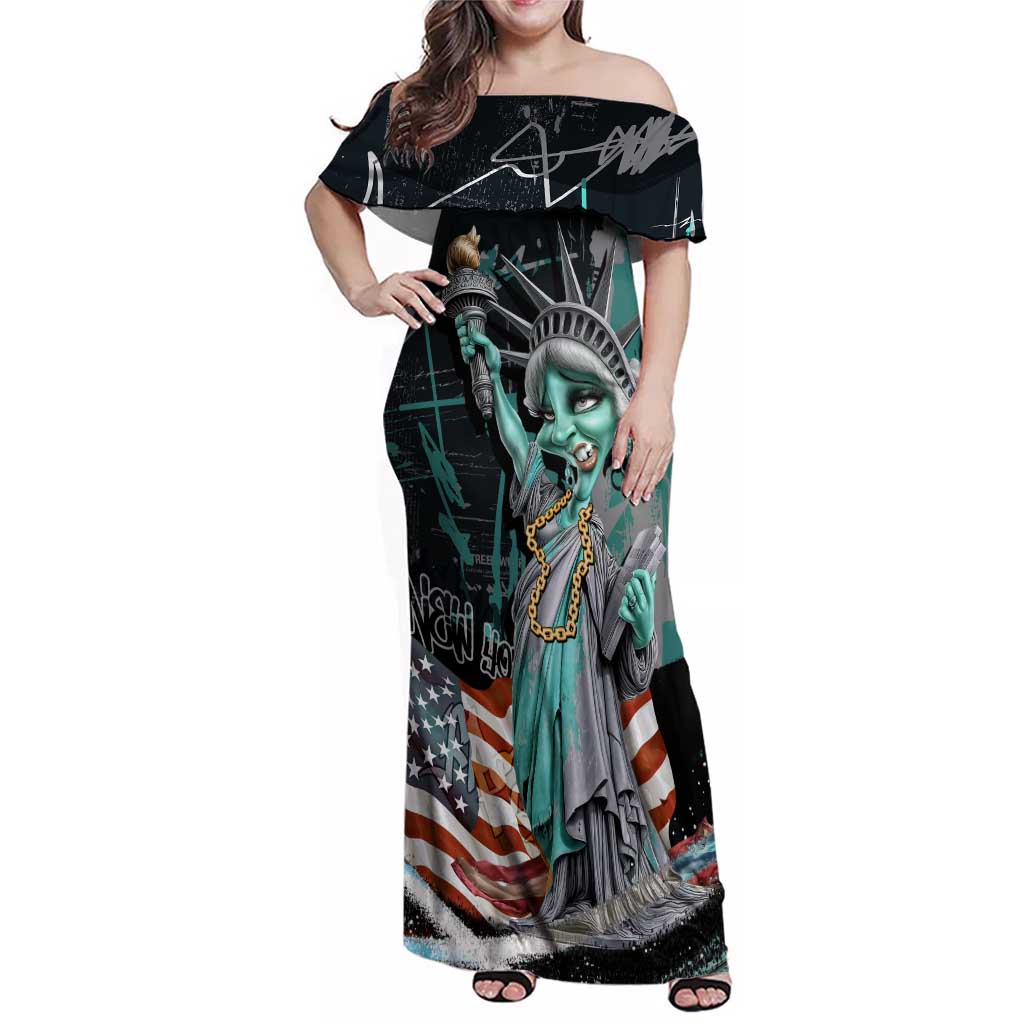 Street Art Liberty Family Matching Off Shoulder Maxi Dress and Hawaiian Shirt with Graffiti Print and Cartoon Statue of Liberty - Wonder Print Shop