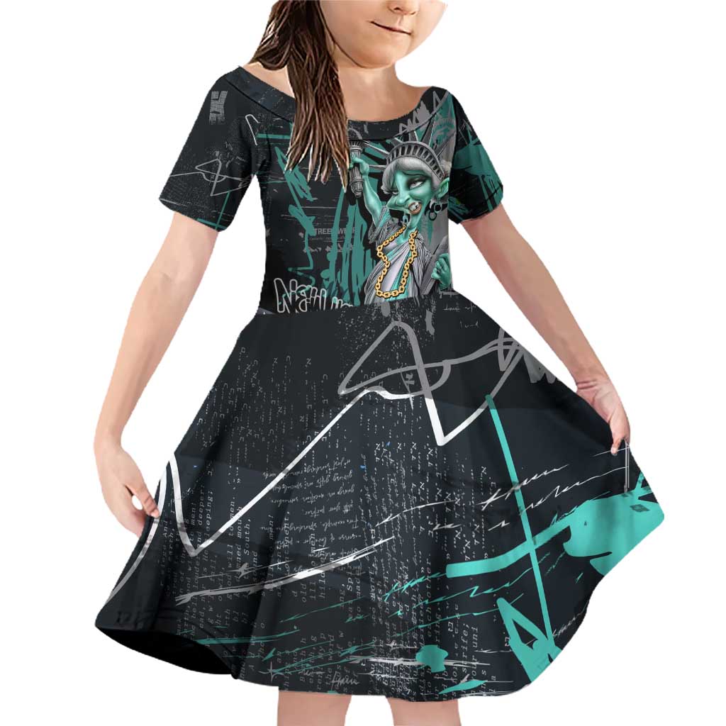 Street Art Liberty Family Matching Off Shoulder Short Dress and Hawaiian Shirt with Graffiti Print and Cartoon Statue of Liberty - Wonder Print Shop