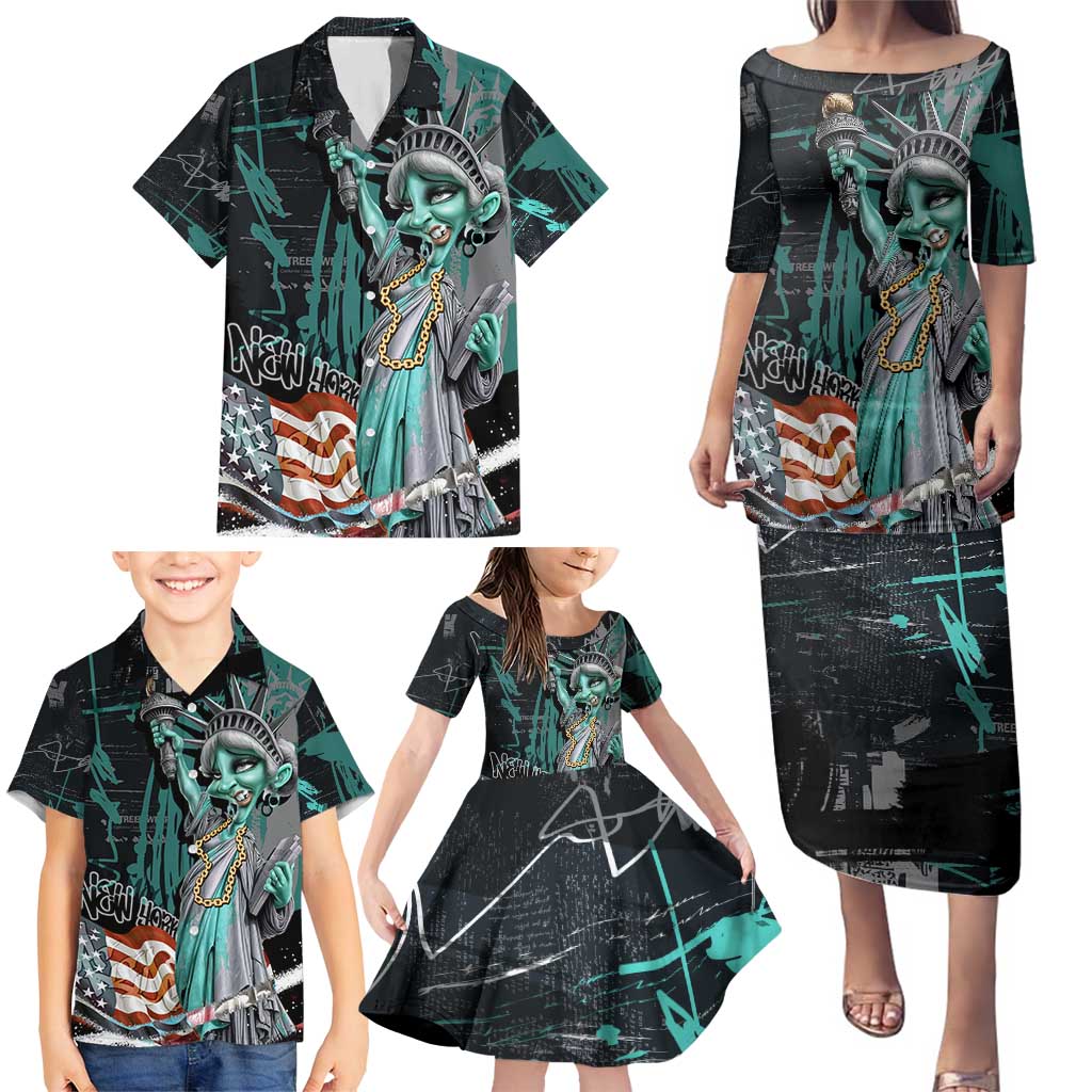 Street Art Liberty Family Matching Puletasi and Hawaiian Shirt with Graffiti Print and Cartoon Statue of Liberty - Wonder Print Shop