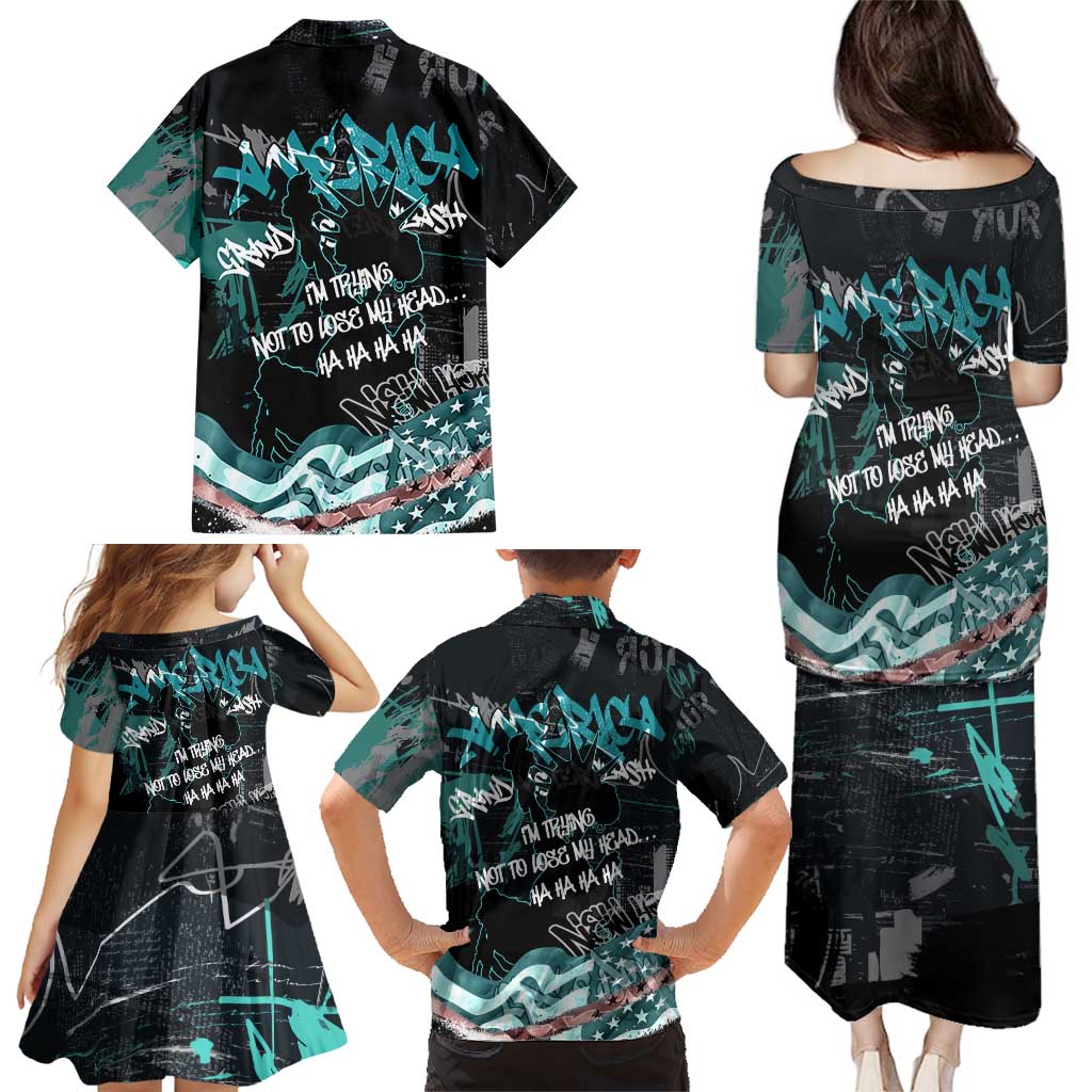 Street Art Liberty Family Matching Puletasi and Hawaiian Shirt with Graffiti Print and Cartoon Statue of Liberty - Wonder Print Shop
