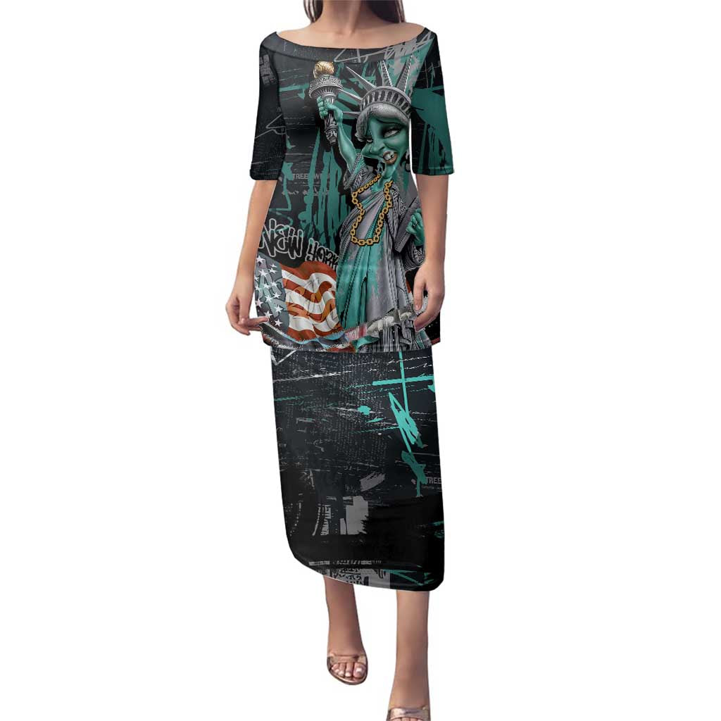 Street Art Liberty Family Matching Puletasi and Hawaiian Shirt with Graffiti Print and Cartoon Statue of Liberty - Wonder Print Shop