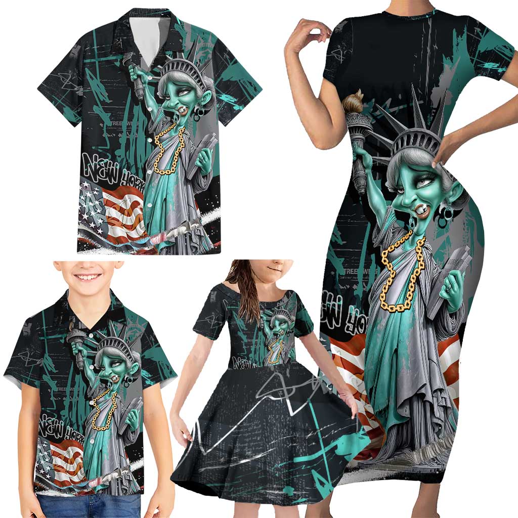 Street Art Liberty Family Matching Short Sleeve Bodycon Dress and Hawaiian Shirt with Graffiti Print and Cartoon Statue of Liberty - Wonder Print Shop