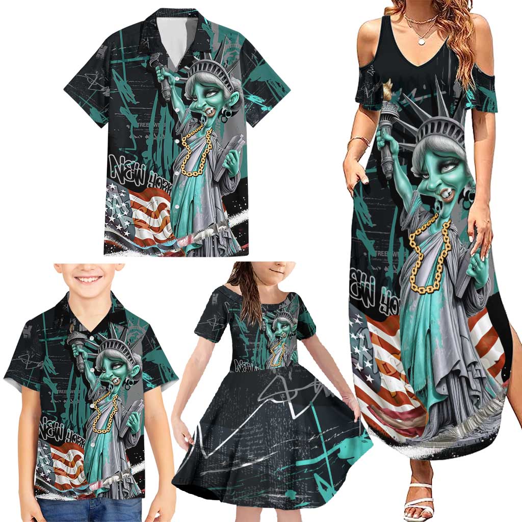 Street Art Liberty Family Matching Summer Maxi Dress and Hawaiian Shirt with Graffiti Print and Cartoon Statue of Liberty - Wonder Print Shop