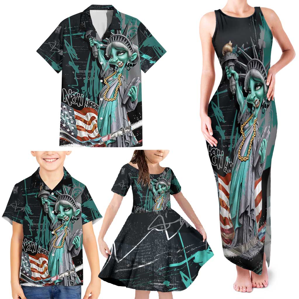 Street Art Liberty Family Matching Tank Maxi Dress and Hawaiian Shirt with Graffiti Print and Cartoon Statue of Liberty - Wonder Print Shop