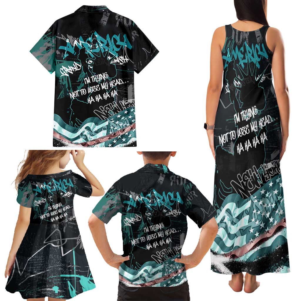 Street Art Liberty Family Matching Tank Maxi Dress and Hawaiian Shirt with Graffiti Print and Cartoon Statue of Liberty - Wonder Print Shop
