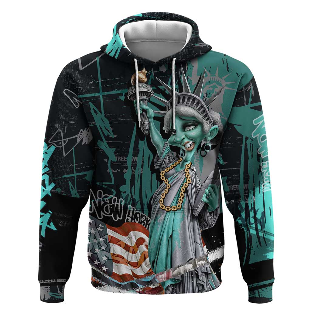 Street Art Liberty Hoodie with Graffiti Print and Cartoon Statue of Liberty - Wonder Print Shop