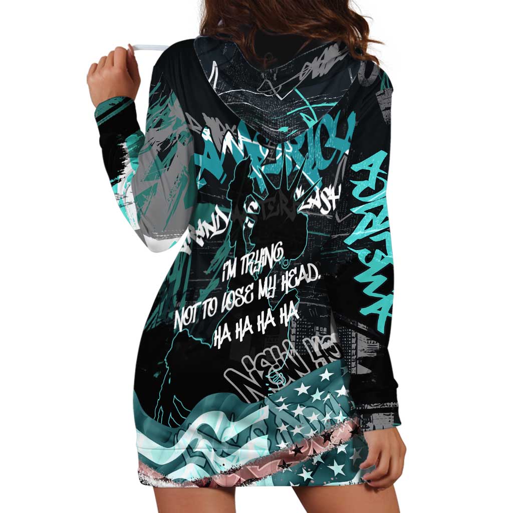 Street Art Liberty Hoodie Dress with Graffiti Print and Cartoon Statue of Liberty - Wonder Print Shop