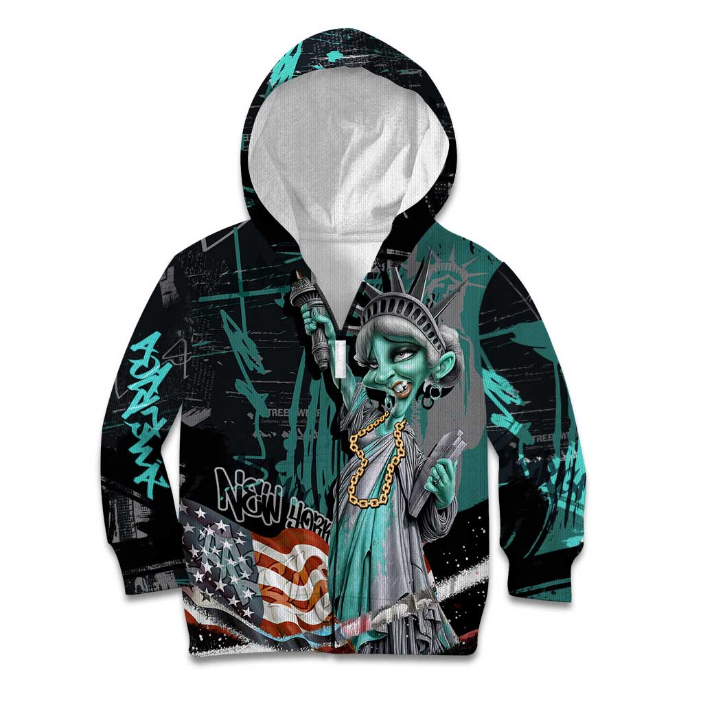 Street Art Liberty Kid Hoodie with Graffiti Print and Cartoon Statue of Liberty - Wonder Print Shop