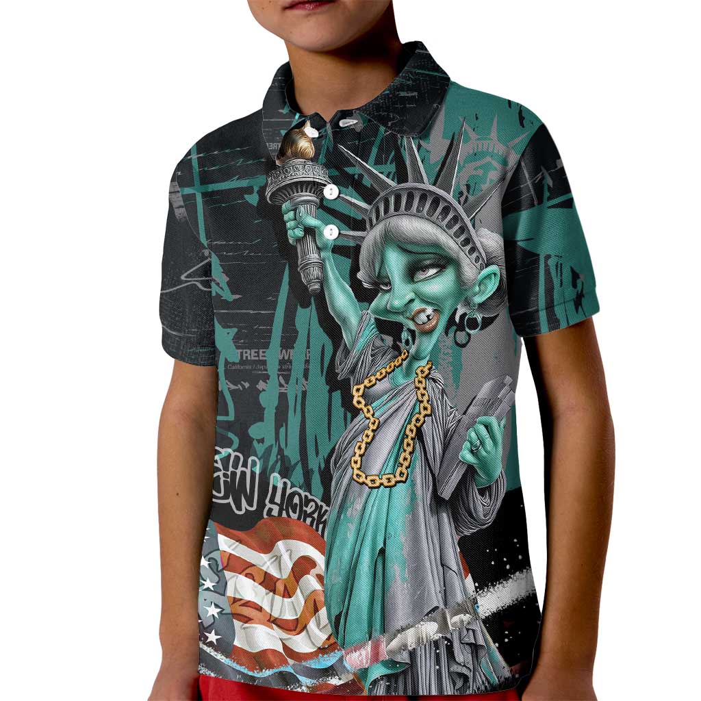 Street Art Liberty Kid Polo Shirt with Graffiti Print and Cartoon Statue of Liberty - Wonder Print Shop