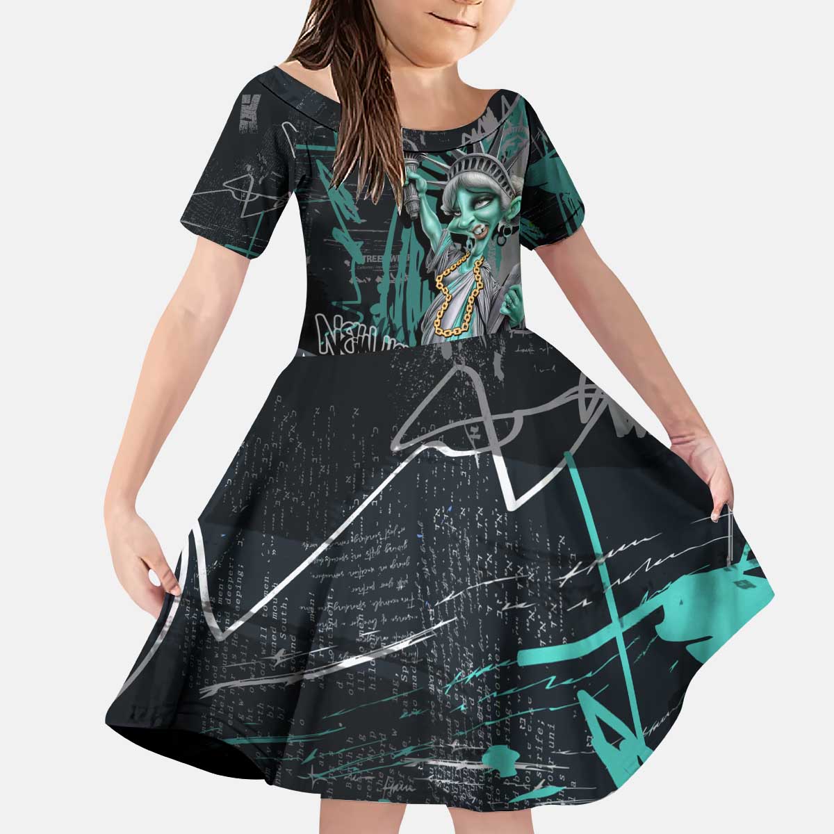 Street Art Liberty Kid Short Sleeve Dress with Graffiti Print and Cartoon Statue of Liberty - Wonder Print Shop