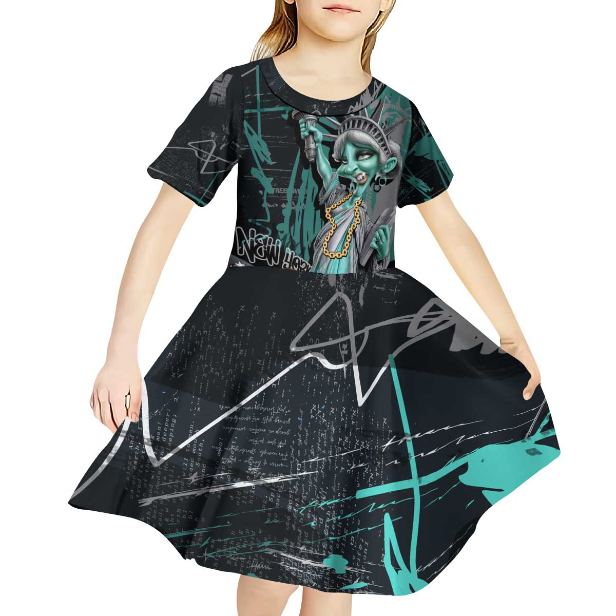 Street Art Liberty Kid Short Sleeve Dress with Graffiti Print and Cartoon Statue of Liberty - Wonder Print Shop
