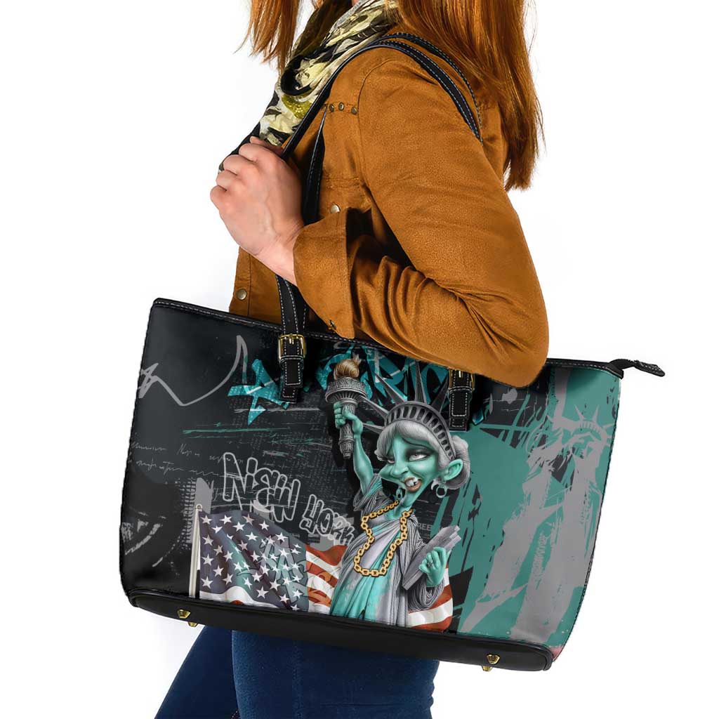 Street Art Liberty Leather Tote Bag with Graffiti Print and Cartoon Statue of Liberty - Wonder Print Shop