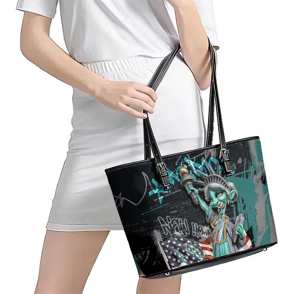 Street Art Liberty Leather Tote Bag with Graffiti Print and Cartoon Statue of Liberty - Wonder Print Shop