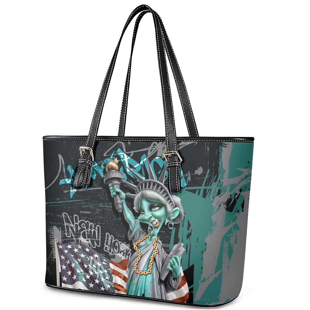 Street Art Liberty Leather Tote Bag with Graffiti Print and Cartoon Statue of Liberty - Wonder Print Shop