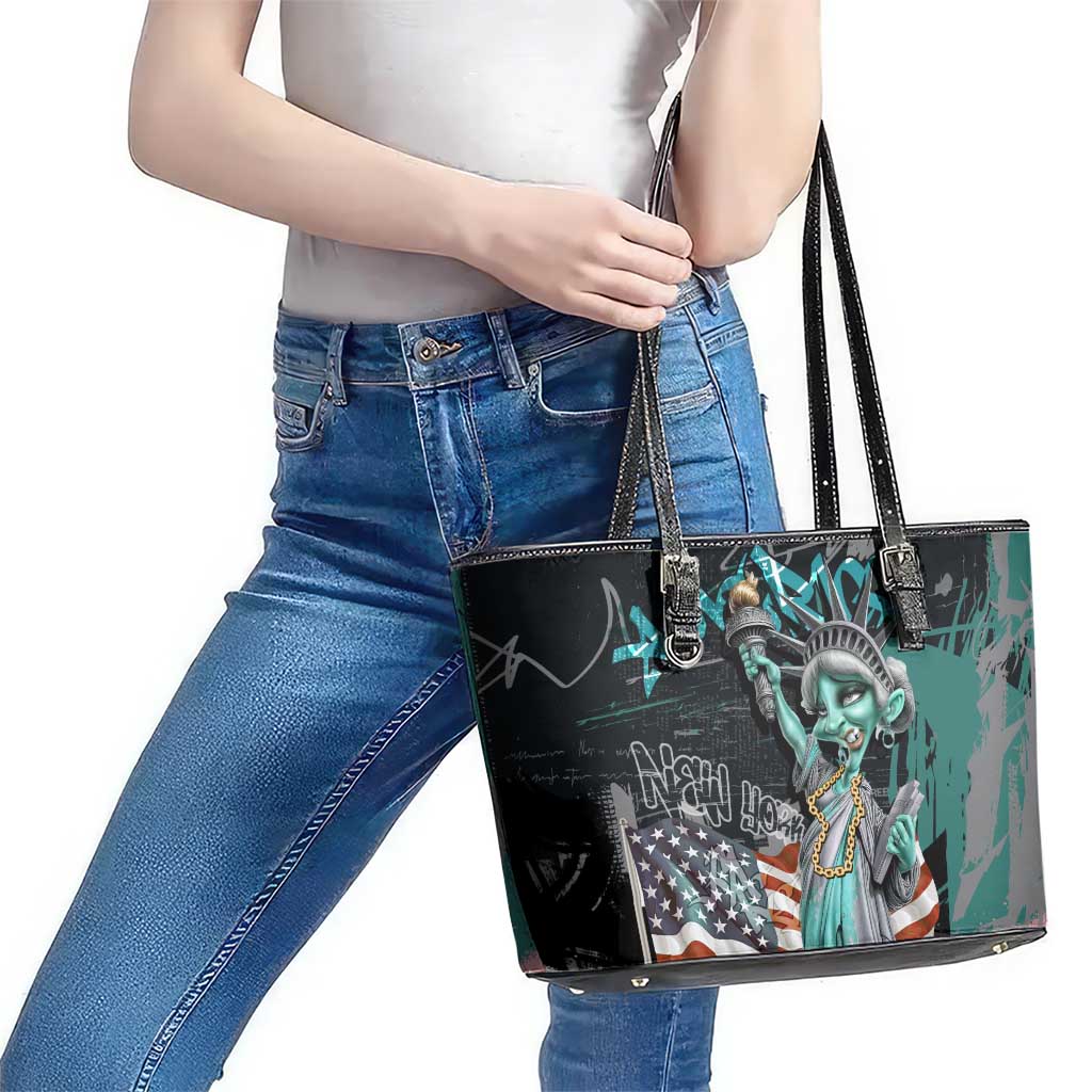 Street Art Liberty Leather Tote Bag with Graffiti Print and Cartoon Statue of Liberty - Wonder Print Shop