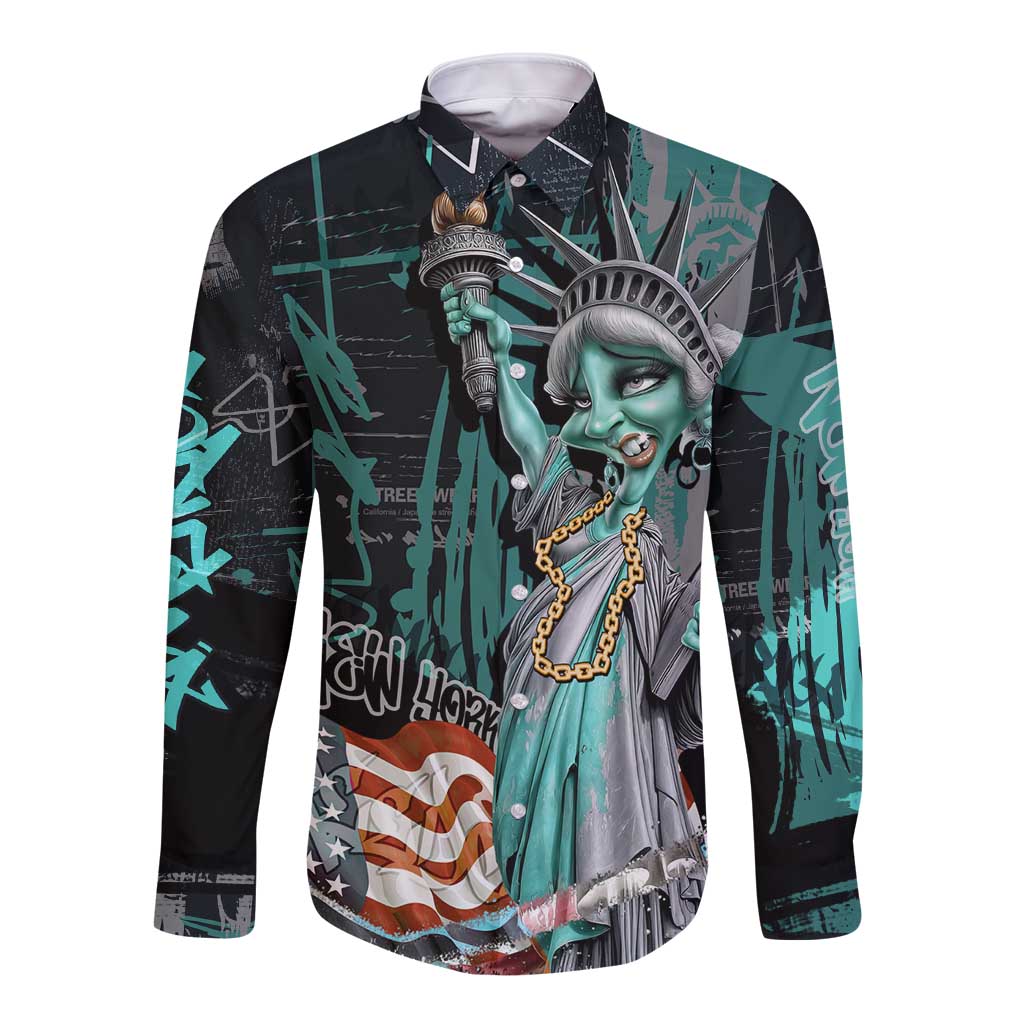 Street Art Liberty Long Sleeve Button Shirt with Graffiti Print and Cartoon Statue of Liberty - Wonder Print Shop