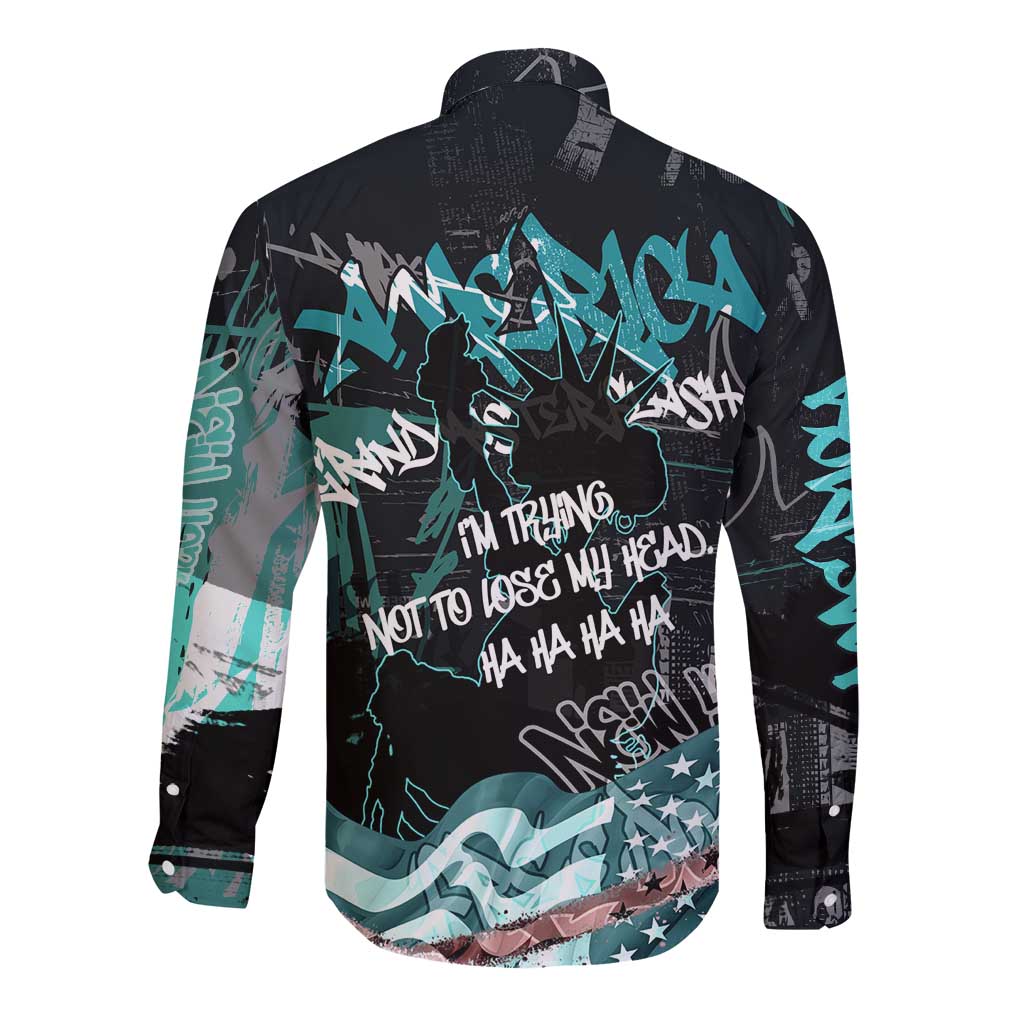 Street Art Liberty Long Sleeve Button Shirt with Graffiti Print and Cartoon Statue of Liberty - Wonder Print Shop