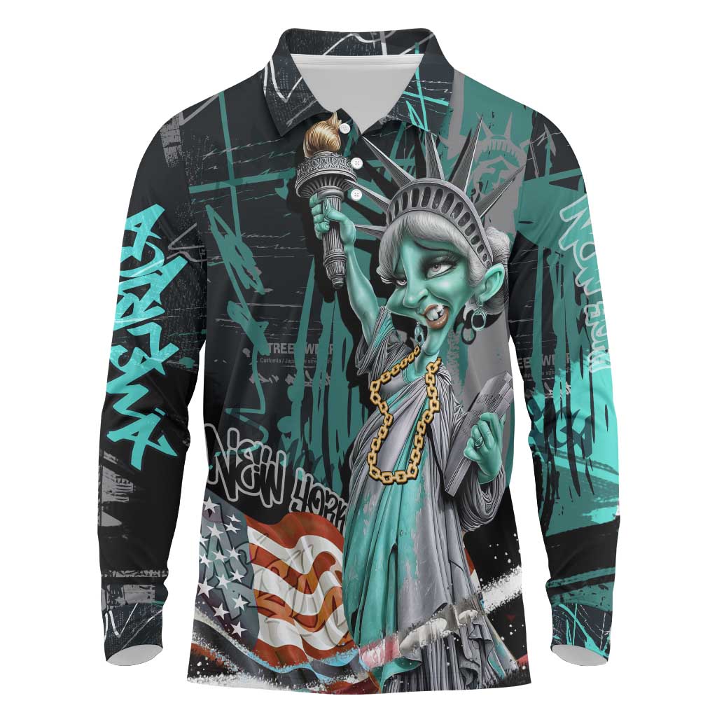 Street Art Liberty Long Sleeve Polo Shirt with Graffiti Print and Cartoon Statue of Liberty - Wonder Print Shop