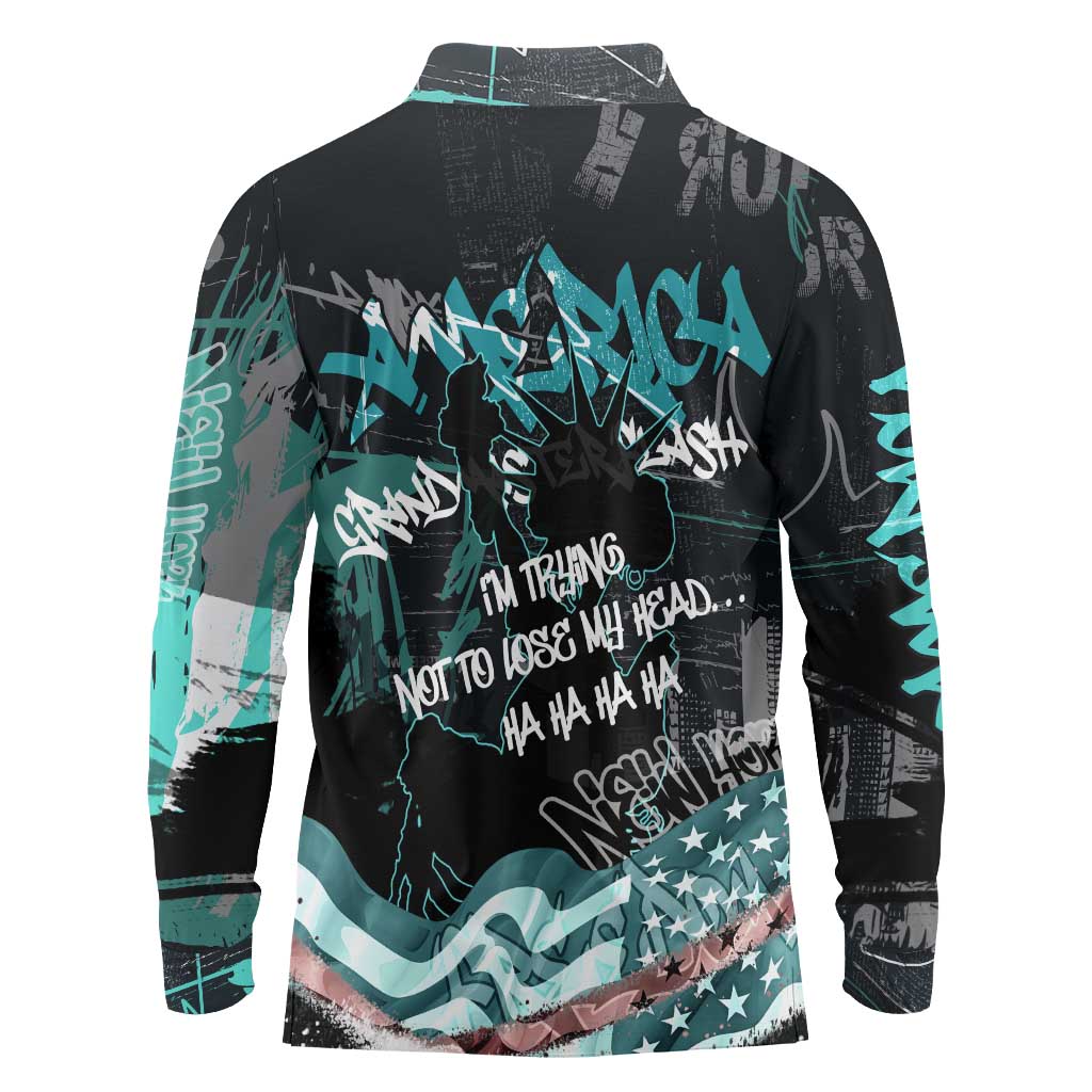 Street Art Liberty Long Sleeve Polo Shirt with Graffiti Print and Cartoon Statue of Liberty - Wonder Print Shop