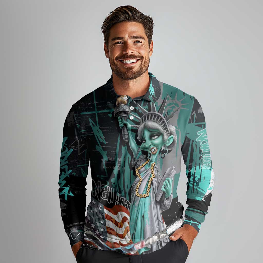 Street Art Liberty Long Sleeve Polo Shirt with Graffiti Print and Cartoon Statue of Liberty - Wonder Print Shop