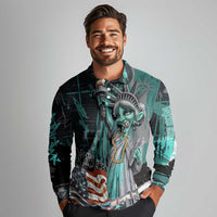 Street Art Liberty Long Sleeve Polo Shirt with Graffiti Print and Cartoon Statue of Liberty - Wonder Print Shop