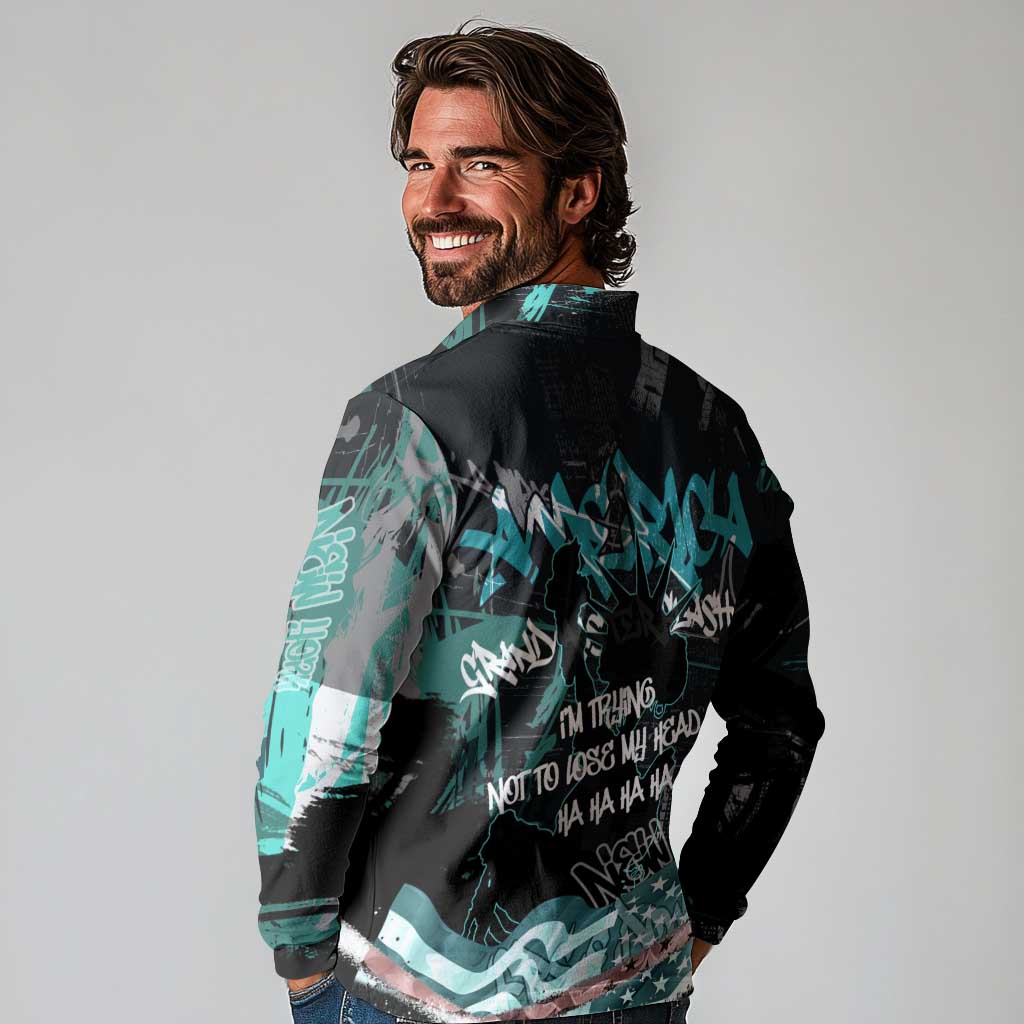 Street Art Liberty Long Sleeve Polo Shirt with Graffiti Print and Cartoon Statue of Liberty - Wonder Print Shop
