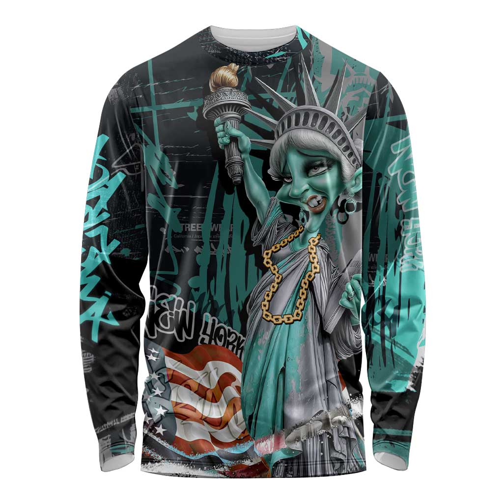 Street Art Liberty Long Sleeve Shirt with Graffiti Print and Cartoon Statue of Liberty - Wonder Print Shop